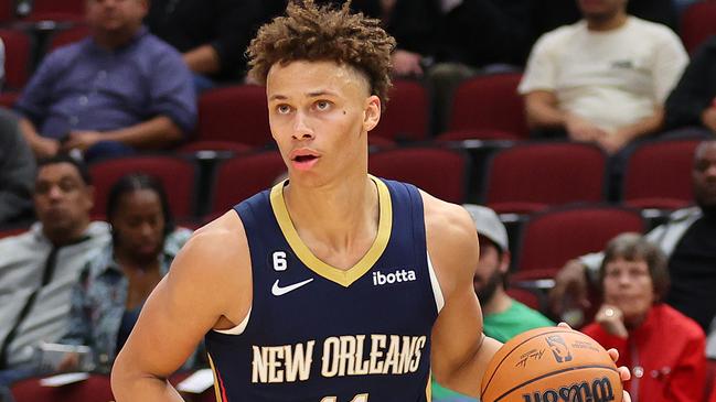 CHICAGO, ILLINOIS - OCTOBER 04: Dyson Daniels #11 of the New Orleans Pelicans dribbles against the Chicago Bulls during the second half of a preseason game at the United Center on October 04, 2022 in Chicago, Illinois.NOTE TO USER: User expressly acknowledges and agrees that, by downloading and or using this photograph, User is consenting to the terms and conditions of the Getty Images License Agreement. (Photo by Michael Reaves/Getty Images)