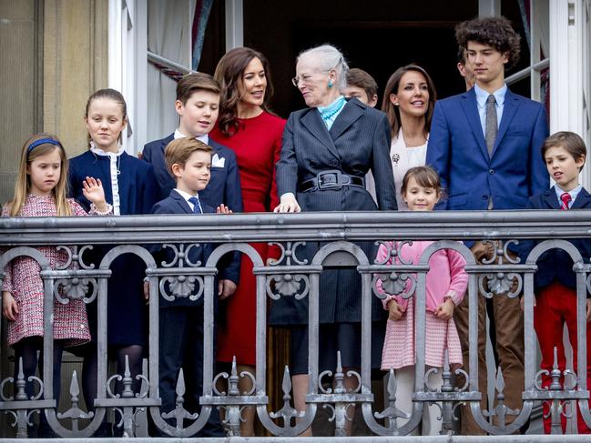 Crown Princess Mary of Denmark and the grandchildren celebrate Queen Margrethe’s 78th birthday at the palace five years ago. Picture: Patrick van Katwijk/Getty Images