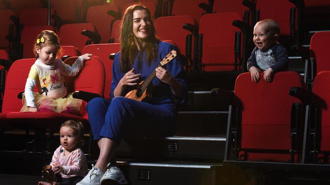 Avocado Smash’s Joanna Brooke with Ruby and Harriet Nash and Jack Cleary at the Australian Actors Centre (ACA) Leichhardt, in the Italian Forum. Avocado Smash is just one of the acts performing in the Sydney Fringe kids hub at ACA. Picture: Flavio Brancaleone