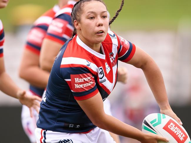 SYDNEY, AUSTRALIA - MARCH 26: Raecene McGregor of the Roosters runs the ball during the round five NRLW match between the St George Illawarra Dragons and the Sydney Roosters at Netstrata Jubilee Stadium, on March 26, 2022, in Sydney, Australia. (Photo by Brett Hemmings/Getty Images)