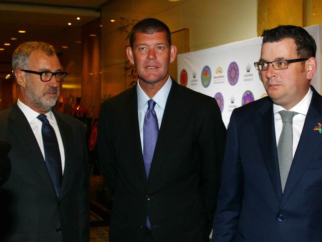 Changing of the guard ... incoming chair Rob Rankin with James Packer and Victorian Premier Daniel Andrews after the company launched its second Reconciliation Action Plan in Melbourne.