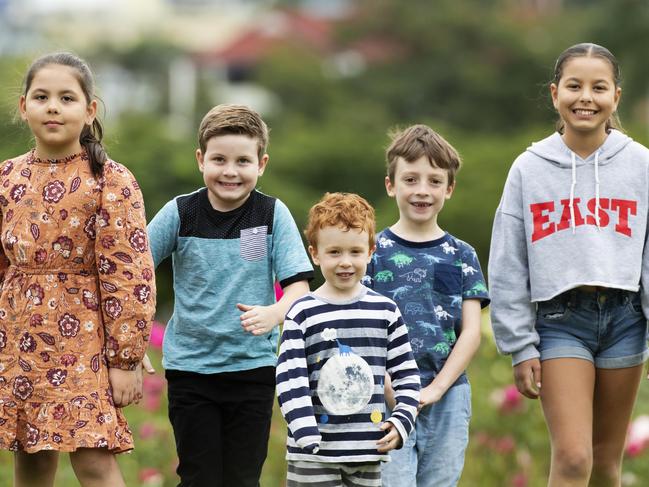 HOLD SEE COURIER MAIL PIC DESK!Estelle Janser 8, Lachie King 8, Elliot Peel 4, Jackson Peel 6, and Jayla Lanser 11 at New Farm. Photo Lachie Millard.