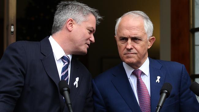 Senator Mathias Cormann and former PM Malcolm Turnbull in 2017. Picture: Kym Smith