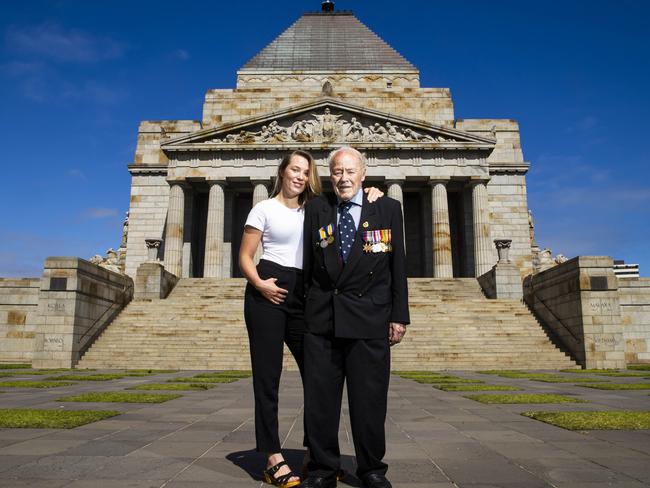 09/03/2021 96-year-old WW2 veteran Nevin Phillips with his grand daughter Lauren at the Shrine of Remembrance in Melbounre. Aaron Francis/The Australian