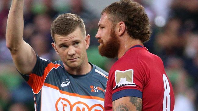 Scott Higginbotham has been suspended for two Super Rugby matches for his high hit on Rebels lock Matt Philip.