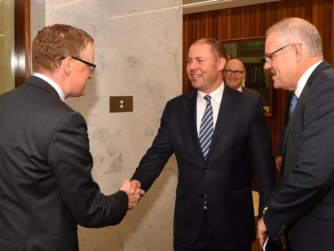 Prime Minister Scott Morrison and Treasurer Josh Frydenberg meet with the RBA Governor Philip Lowe at the Reserve Bank of Australia in Sydney, Wednesday, May, 22, 2019. (AAP Image/Dean Lewins) NO ARCHIVING