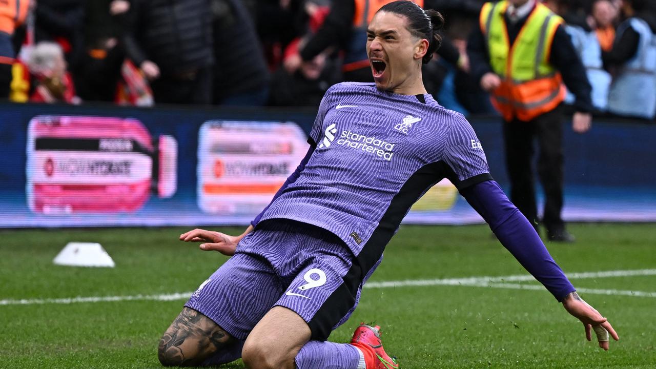 Liverpool's Uruguayan striker #09 Darwin Nunez celebrates his goal during the English Premier League football match between Nottingham Forest and Liverpool at The City Ground in Nottingham, central England, on March 2, 2024. (Photo by Paul ELLIS / AFP) / RESTRICTED TO EDITORIAL USE. No use with unauthorized audio, video, data, fixture lists, club/league logos or 'live' services. Online in-match use limited to 120 images. An additional 40 images may be used in extra time. No video emulation. Social media in-match use limited to 120 images. An additional 40 images may be used in extra time. No use in betting publications, games or single club/league/player publications. /