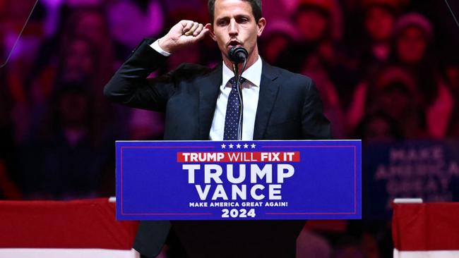 Comedian Tony Hinchcliffe’s comedy routine, which followed the national anthem and opening prayer at Donald Trump’s Madison Square Garden rally. Picture: Angela Weiss / AFP