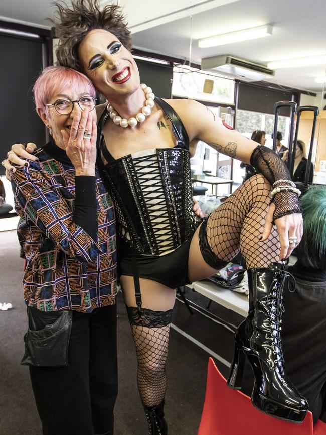 Costume designer Roz Wren is delighted, if not a little shocked, with the results of the final fitting of one of the Rocky Horror Show’s Frank-N-Furter’s — played by John O’Hara — outrageous outfits. Picture: Eddie Safarik