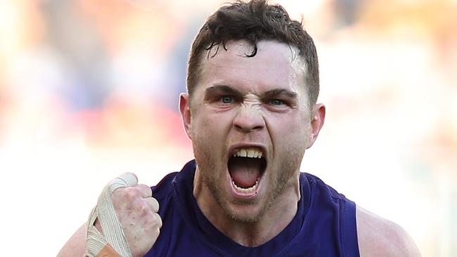 PERTH, AUSTRALIA - AUGUST 12: Hayden Ballantyne of the Dockers celebrates a goal during the round 21 AFL match between the Fremantle Dockers and the Carlton Blues at Optus Stadium on August 12, 2018 in Perth, Australia.  (Photo by Paul Kane/Getty Images)