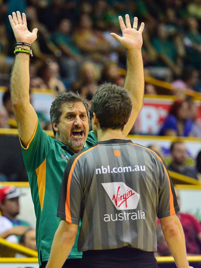 NBL game between the Townsville Crocodiles and the Wollongong Hawks at The Townsville Entertainment Centre, Townsville, Queensland. Townsville Crocodiles Head Coach Shawn Dennis talks with the referee. Pictures: Wesley Monts