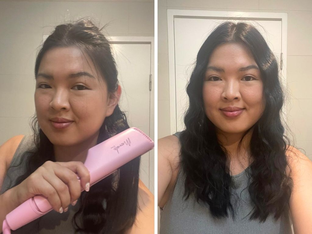 Using the Mermade Double Waver is super easy! On the right is my hair before I shook it out. Picture: Melody Teh/Supplied