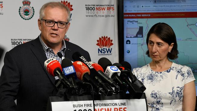 Scott Morrison and NSW Premier Gladys Berejiklian speak to the media on Sunday. Picture: AAP