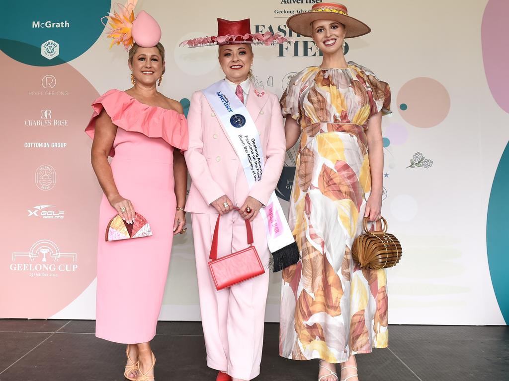 Belinda Nurse, Millinery of the Day winner Eliza Fraser, and Andrea Moore at Fashions on the field at Geelong Cup. Picture: David Smith