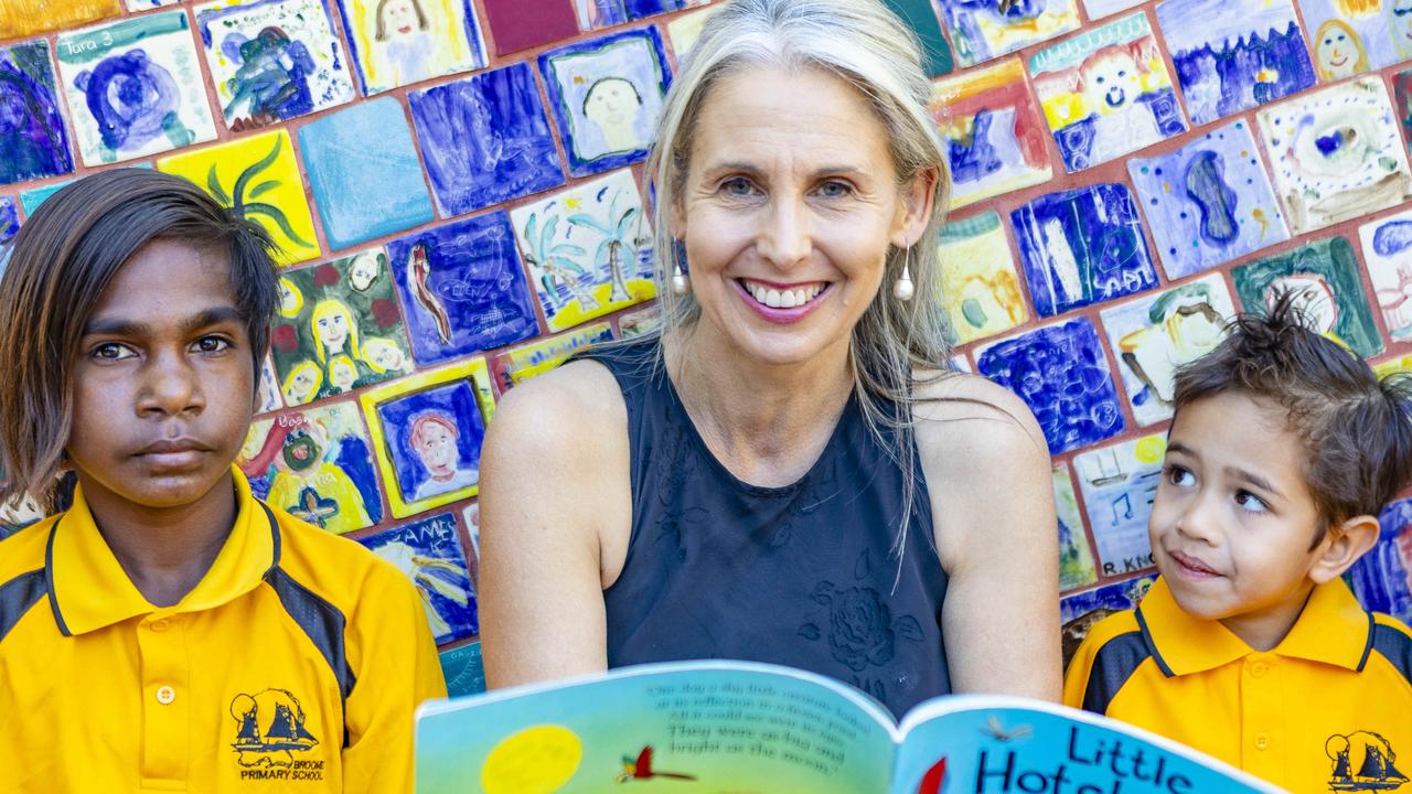 Teacher’s teacher Lorraine Hammond with Broome Primary School students Patrick Shovellor, left, and Thomas Harrold. Picture: Ben Houston