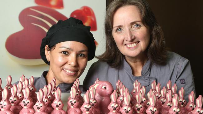 Poppy’s Chocolate chocolatier Meena Poudyal Le Jour and owner Lynda Pedder with the newly released Ruby bunny. Picture: Jono Searle