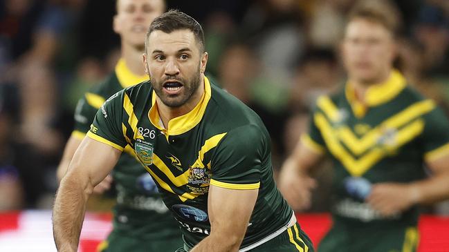 MELBOURNE, AUSTRALIA - OCTOBER 28: James Tedesco of Australia passes the ball during the Men's pacific Championship match between Australia Kangaroos and New Zealand Kiwis at AAMI Park on October 28, 2023 in Melbourne, Australia. (Photo by Daniel Pockett/Getty Images)