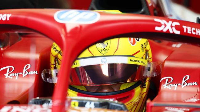 The iconic yellow helmet behind the wheel of a Ferrari at day one of F1 Testing at Bahrain International Circuit on February 26, 2025. Photo: Clive Rose/Getty Images