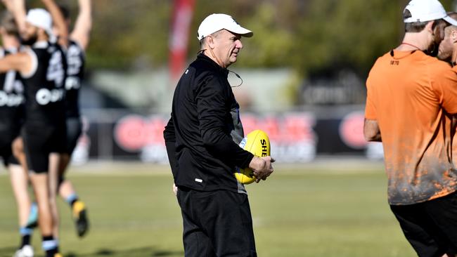 Port Adelaide coach Ken Hinkley during a training session at Alberton Oval on Thursday. Picture: AAP Image/Sam Wundke