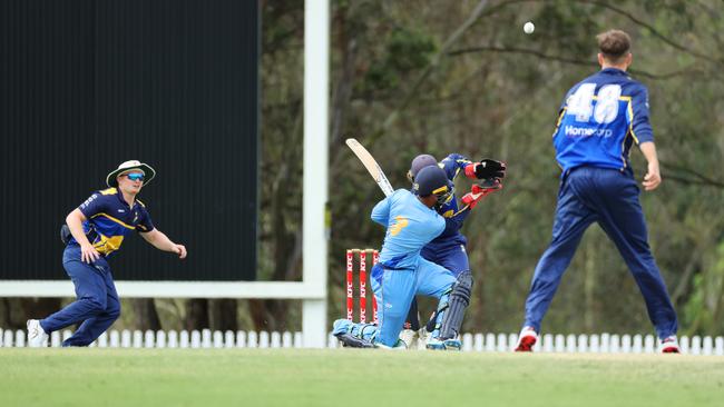 Action between the Gold Coast Dolphins and Norths during the First Grade One Day Cricket Grand Final at Wooloowin. Picture Lachie Millard