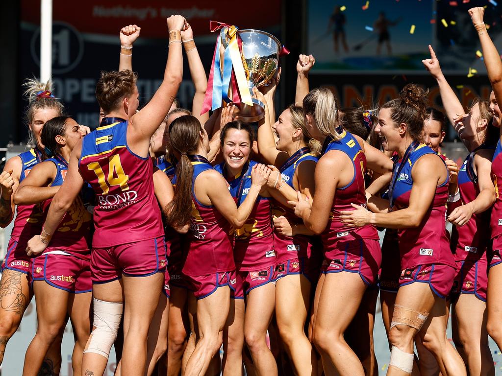 Brisbane Lions celebrate their Grand Final win last year. Picture: Michael Willson/AFL Photos via Getty Images