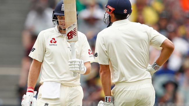 Joe Root celebrates his half century during day three. Picture: Getty Images.