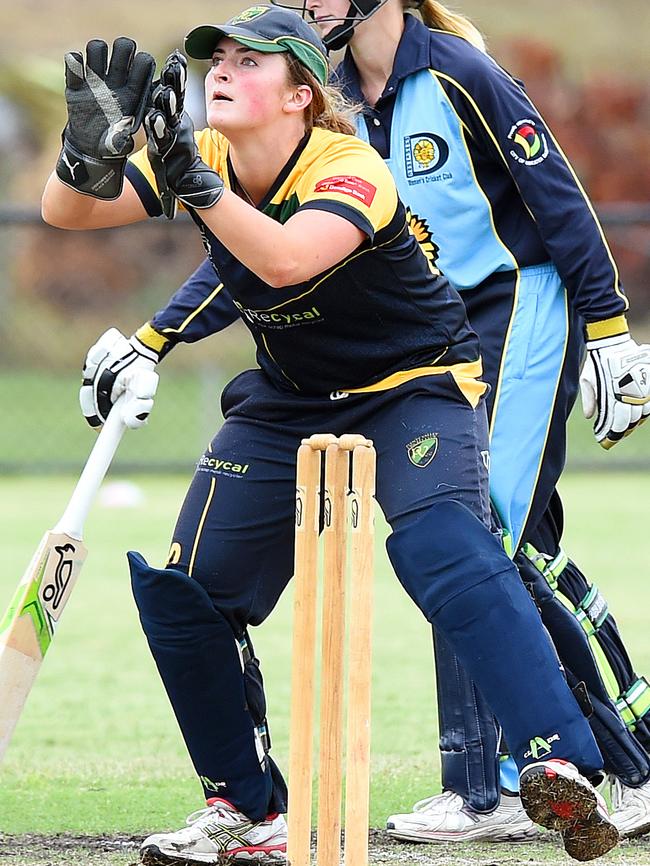 Women's Premier Cricket: Plenty Valley V Dandenong. (L-R) Penty Valley Keeper Sophie Reid and Dandenong batter Nicole Falltum. Picture: Josie Hayden