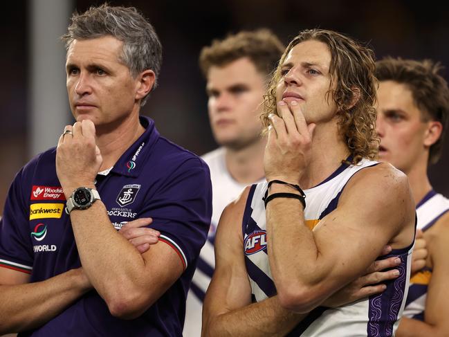 Justin Longmuir and Nat Fyfe look on after being defeated during derby in Round 6. Picture: Paul Kane/Getty Images.