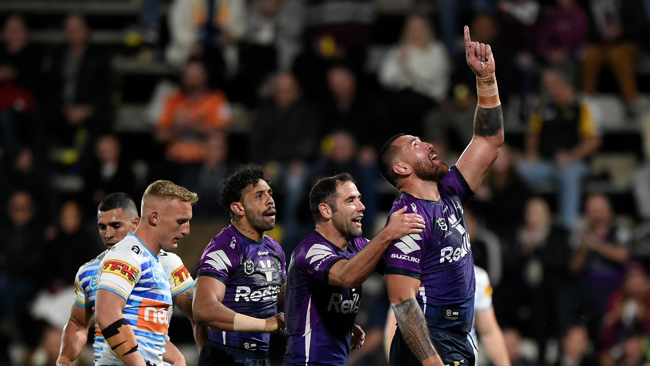 Nelson Asofa-Solomona celebrates scoring a try.