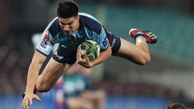 NSW’s Jack Maddocks is airborne after being ankle tapped against Western Force last week. Both teams are expected to take part in a trans-Tasman competition next season. Picture: Getty Images