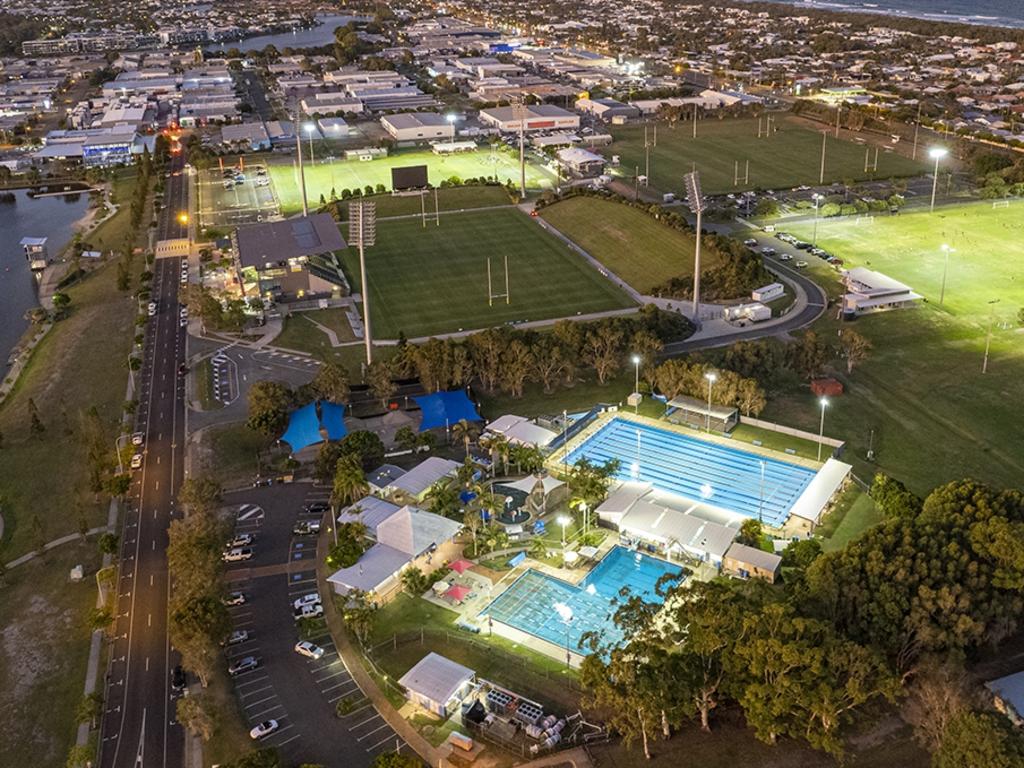 Aerial looking north from Bokarina, showing Sunshine Coast Stadium which will undergo an expansion leading up to the Olympic and Paralympic Games Brisbane 2032.