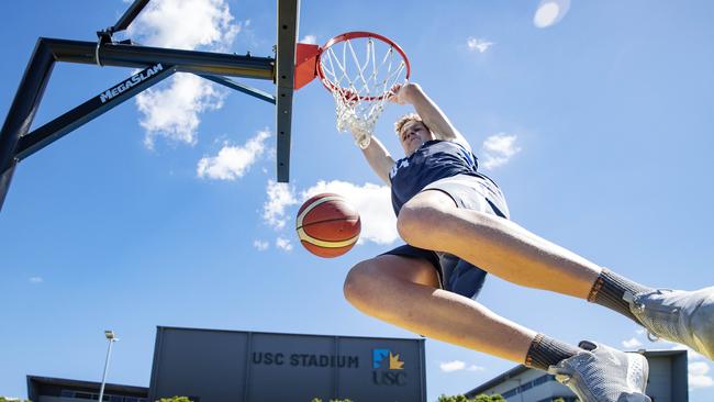 Seven Foot 14 year old Rocco Zikarsky is a rising basketball and swimming sensation that has already been identified as a future NBA prospect and has been signed up with the AIS. Picture: Lachie Millard