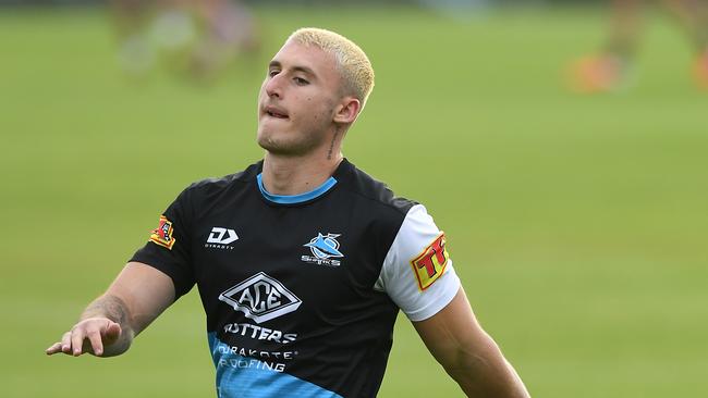 Bronson Xerri of the Sharks during an NRL training session in Sydney, Wednesday, May 20, 2020. (AAP Image/Joel Carrett) NO ARCHIVING