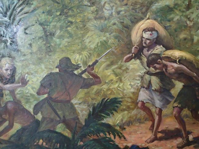 Worst of cruelty, best of courage ... artist’s impression of an incident on the Sandakan Death March, where hundreds of weakened POWs were beaten and shot by their captors. Picture courtesy of Lynette Silver.