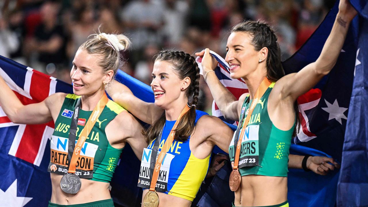 High jump medallists Eleanor Patterson, Ukraine's Yaroslava Mahuchikh and Nicola Olyslagers. Picture: Kirill Kudryavtsev / AFP