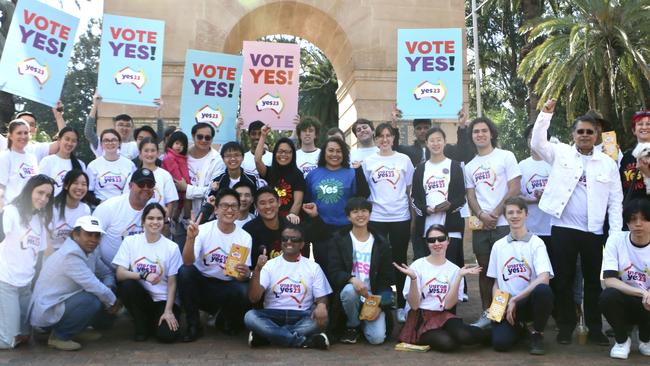 Yes23 spokeswoman Karen Mundine (centre) at the launch of a youth-driven campaign for Yes, in Sydney's inner west on Sunday. Picture: Supplied