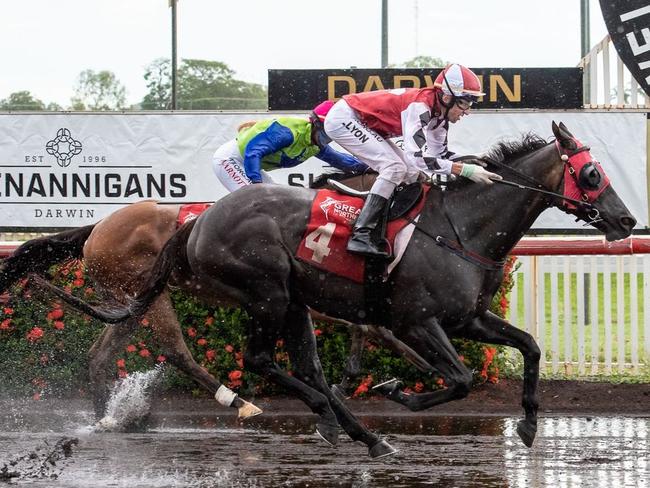 I Am The Fox (jockey Jason Lyon) finished strongly to win the 2021 St Patrick’s Day Cup for Darwin trainer Garry Lefoe Jr. Picture: Caroline Camilleri