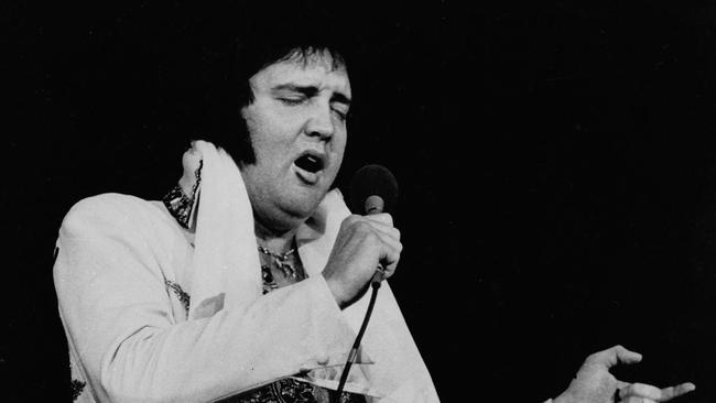 Singer Elvis Presley performing in Providence, Rhode Island, on 23 May 1977.