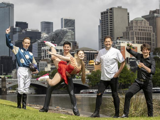 HOLD FOR THE WEEKEND PIC DESK---------Giveaway Photo . Princess Sophia, 3.5 [representing Disney for ACMI], Jockey Daniel Moor,  Ice Skaters Juan Camilo with Tia Hochmann [Ice skaters with Melbourne Figure Skating Club at OÃBrien Ice House], Executive Chef Christian Abbott [Australian Venue Co] and Andrew Van Keulen [bartender at the Duke of Wellington].  Picture: Alex Coppel.