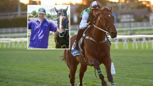 Blue Diamond contender Autumn Mystery in a track gallop at Caulfield and trainer Rory Hunter (inset). Main picture: Vince Caligiuri/Getty Images