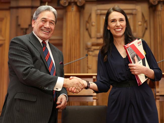 Jacinda Ardern with deputy Winston Peters. The outspoken New Zealand First leader will act as prime minister for six weeks while Ardern takes maternity leave. Picture: Hagen Hopkins/Getty Images