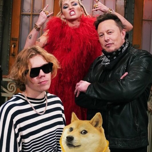 A tweet featuring The Kid Laroi, Elon Musk and Miley Cyrus appears to contain a reference to dogecoin.