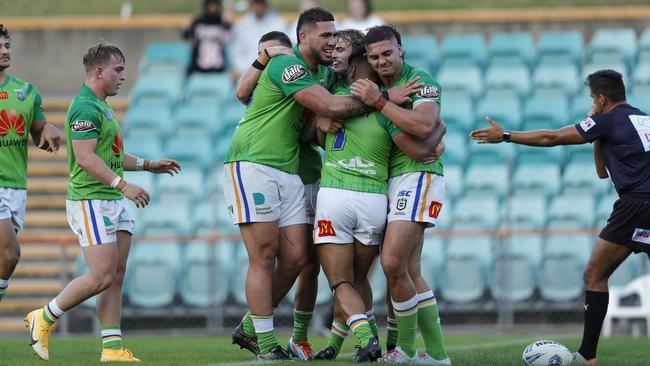 The Canberra Raiders SG Ball Cup team celebrate the 2021 premiership. Picture: Bryden Sharp