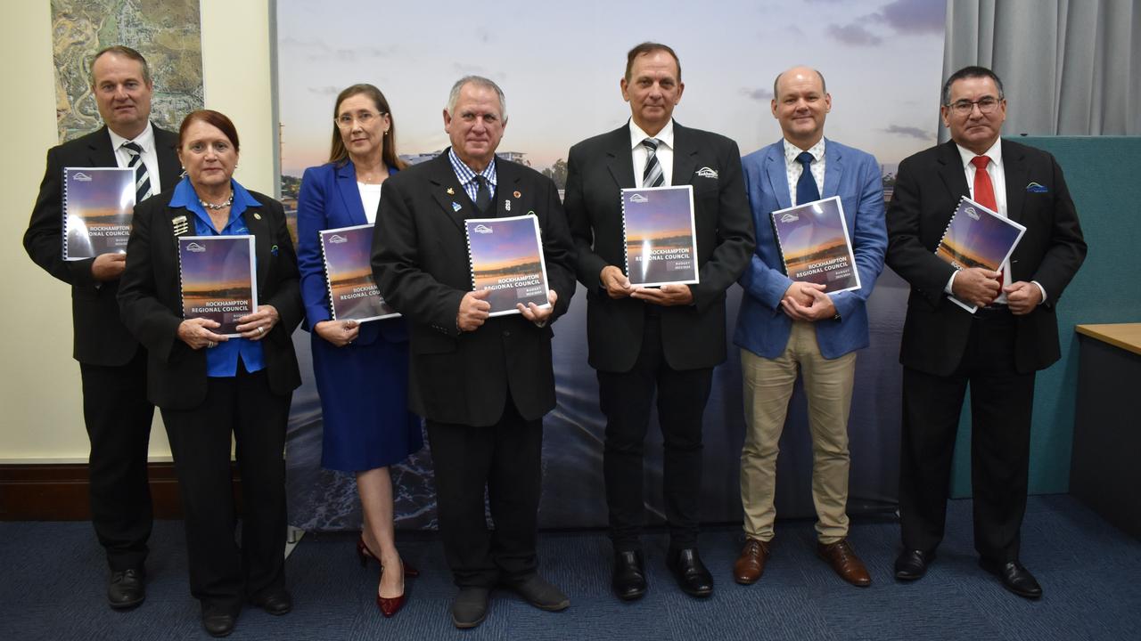 Rockhampton Regional Council councillors Shane Latcham, Ellen Smith, Donna Kirkland, Deputy Mayor Neil Fisher, Mayor Tony Williams, Councillors Grant Mathers and Drew Wickerson hand down the 2023-24 Budget.