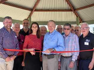 Gary Mark, CEO of Hand Heart Pocket, Melanie Calvert, CEO of Pinaroo, Howard Hobbs, Chairman and members of Roma Freemasons at the opening of a newly landscaped garden at Pinaroo. Picture: Ellen Ransley