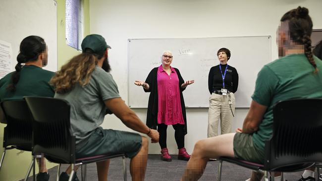 Inmates take part in the VOTP program with psychologist Sheridan Walsh and parole officer Claire MacRae (right). Picture: Sam Ruttyn