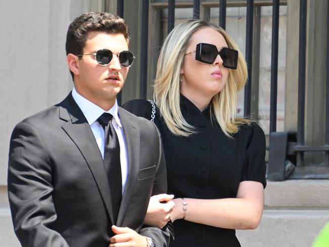 Tiffany Trump and husband Michael Boulos arrive for the funeral of Ivana Trump. Picture: AFP