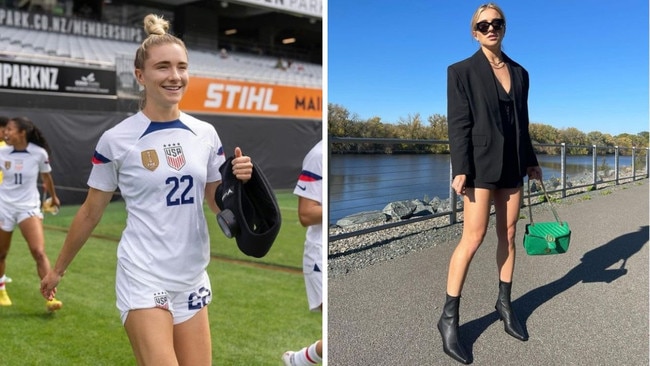 Female athletes have been forced to roll their shorts up so they fit better. (Kristie Mewis pictured). Picture: Instagram/kmewis19