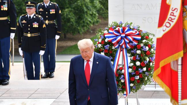 Donald Trump participates in a wreath-laying ceremony on Memorial Day. Picture: AFP