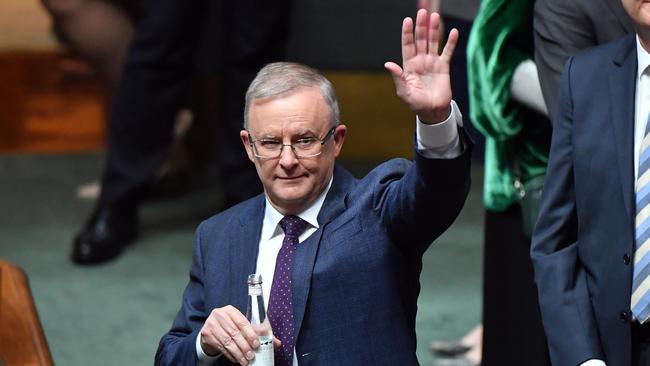 Labor leader Anthony Albanese waves before delivering his budget reply speech in the House of Representatives this week. Picture: Getty